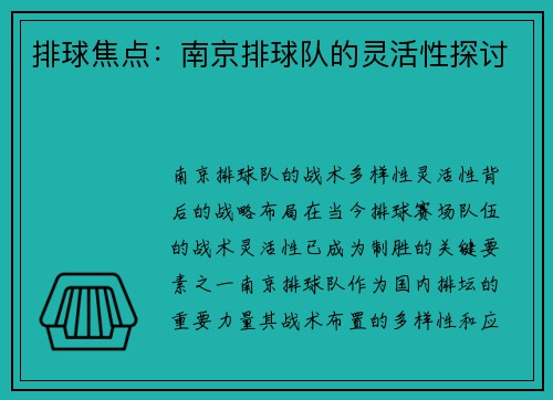 排球焦点：南京排球队的灵活性探讨