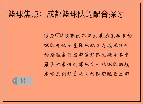 篮球焦点：成都篮球队的配合探讨
