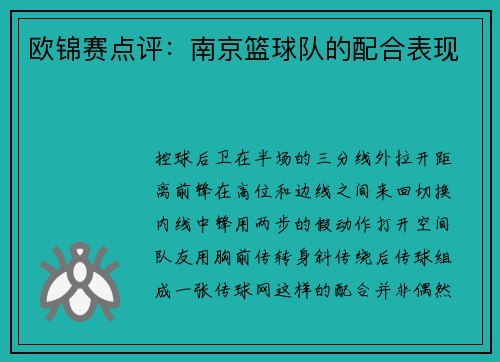 欧锦赛点评：南京篮球队的配合表现