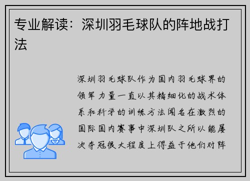 专业解读：深圳羽毛球队的阵地战打法